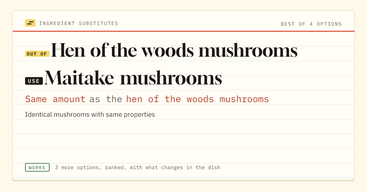 Hen of the woods mushrooms substitute: use maitake mushrooms. Same amount as the hen of the woods mushrooms.