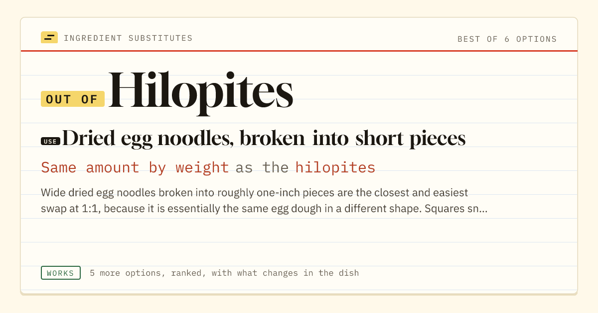 Hilopites substitute: use dried egg noodles, broken into short pieces. Same amount by weight as the hilopites.