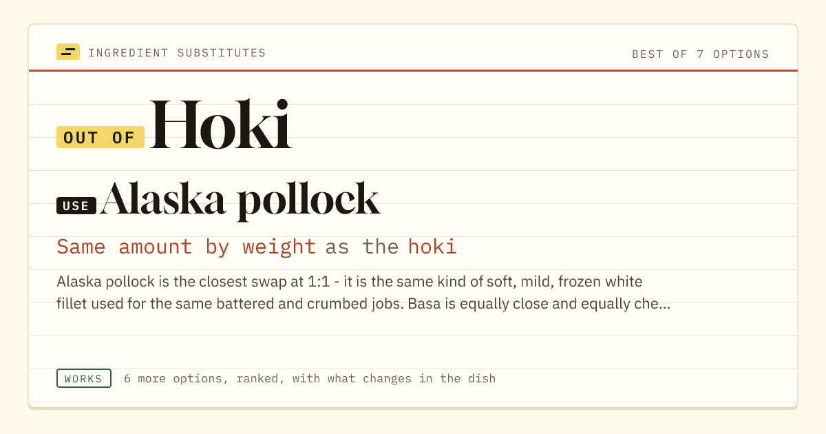 Hoki substitute: use Alaska pollock. Same amount by weight as the hoki.