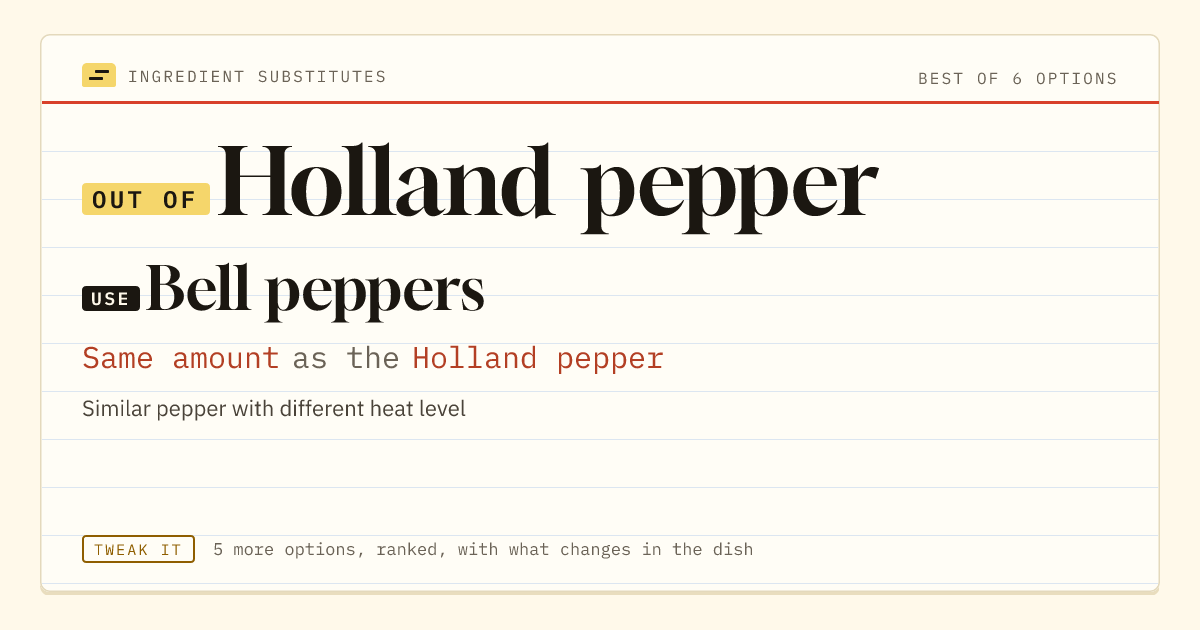 Holland pepper substitute: use bell peppers. Same amount as the Holland pepper.