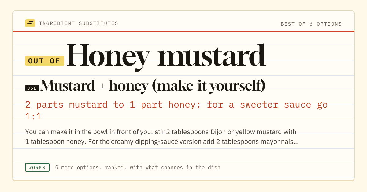 Honey mustard substitute: use mustard + honey (make it yourself). 2 parts mustard to 1 part honey; for a sweeter sauce go 1:1.