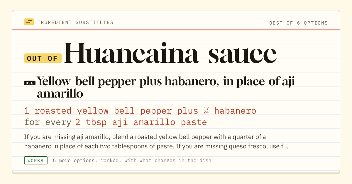 Huancaina sauce substitute: use yellow bell pepper plus habanero, in place of aji amarillo. 1 roasted yellow bell pepper plus ¼ habanero for every 2 tbsp aji amarillo paste.