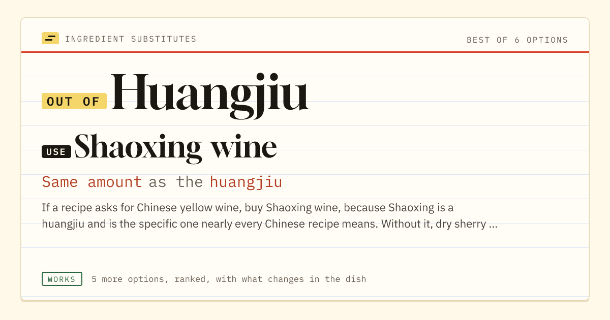 Huangjiu substitute: use Shaoxing wine. Same amount as the huangjiu.