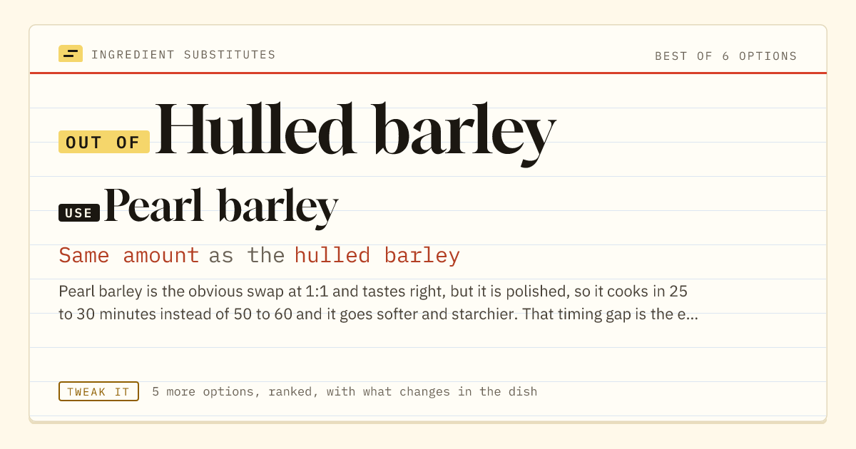 Hulled barley substitute: use pearl barley. Same amount as the hulled barley.