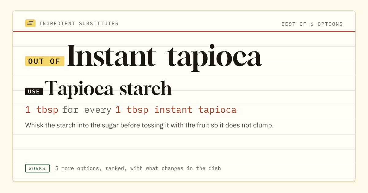 Instant tapioca substitute: use tapioca starch. 1 tbsp for every 1 tbsp instant tapioca.