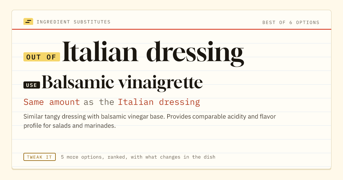 Italian dressing substitute: use balsamic vinaigrette. Same amount as the Italian dressing.