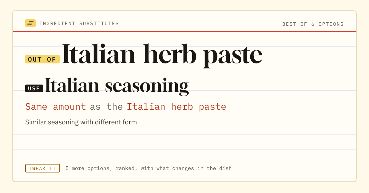 Italian herb paste substitute: use Italian seasoning. Same amount as the Italian herb paste.