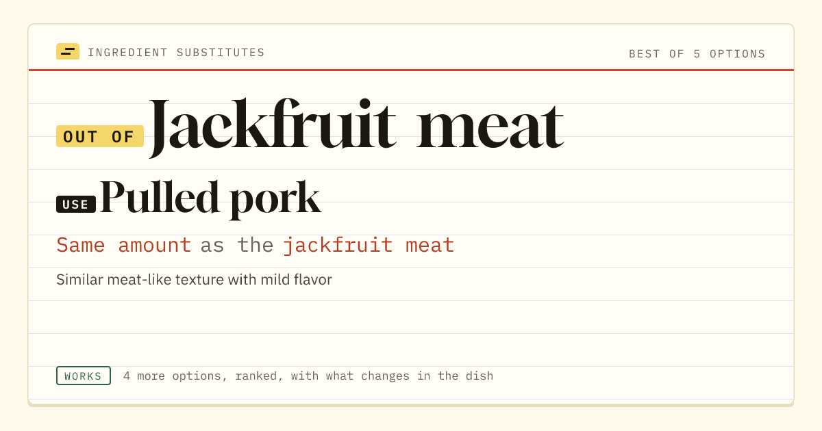 Jackfruit meat substitute: use pulled pork. Same amount as the jackfruit meat.