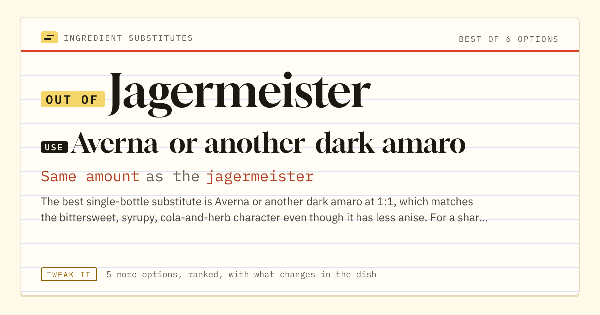 Jagermeister substitute: use Averna or another dark amaro. Same amount as the jagermeister.