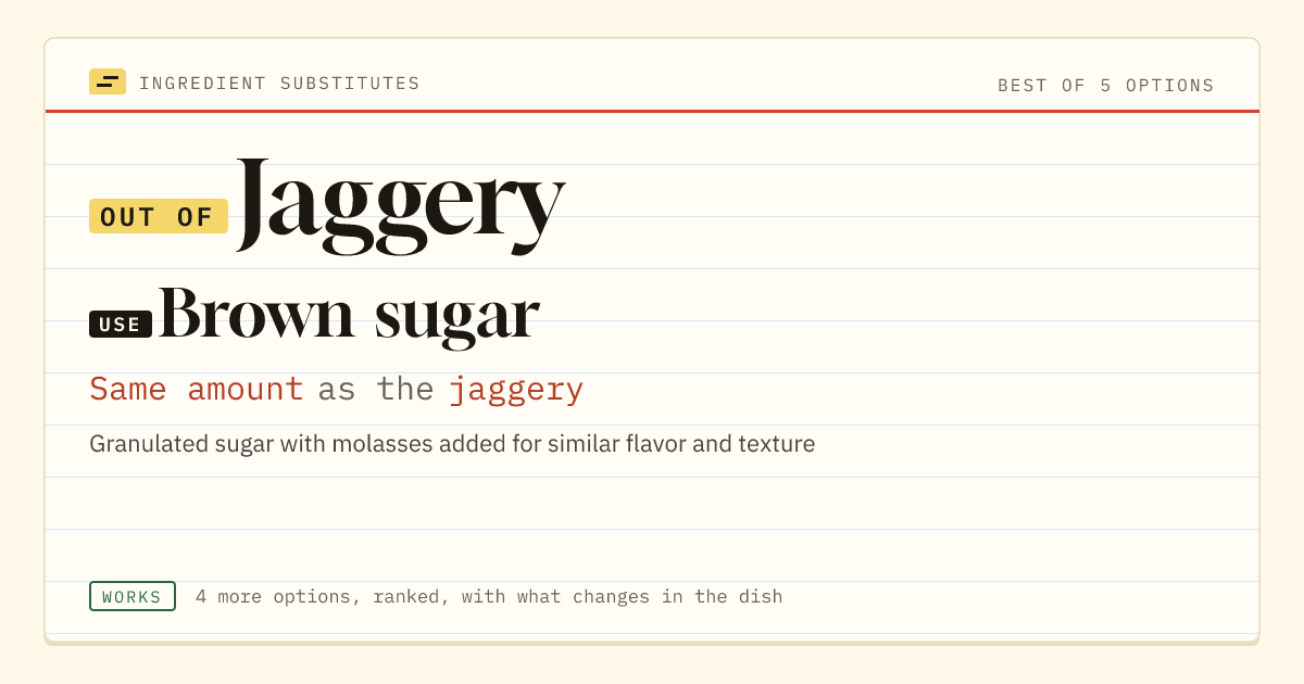 Jaggery substitute: use brown sugar. Same amount as the jaggery.
