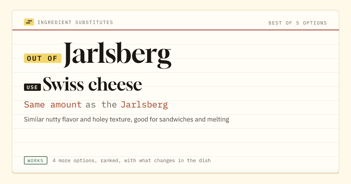 Jarlsberg substitute: use Swiss cheese. Same amount as the Jarlsberg.