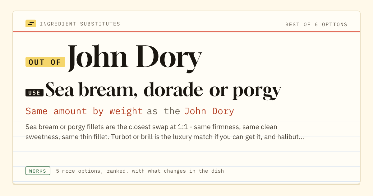 John Dory substitute: use sea bream, dorade or porgy. Same amount by weight as the John Dory.