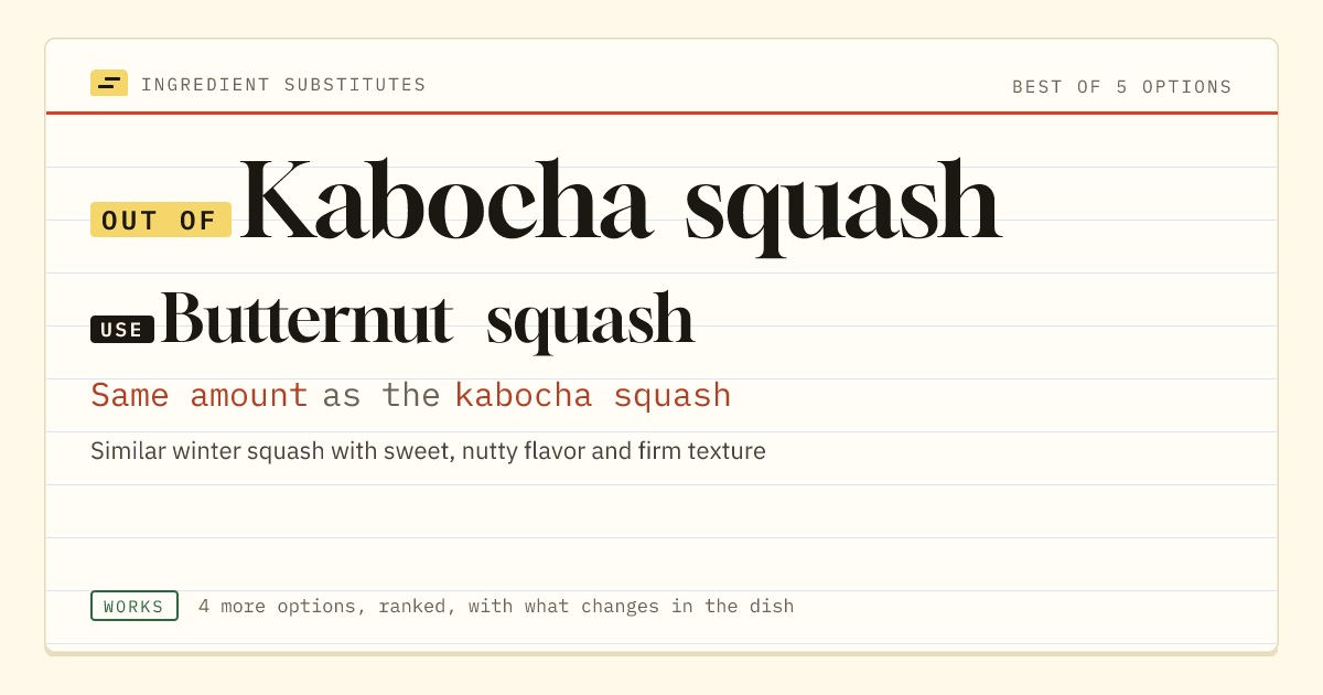 Kabocha squash substitute: use butternut squash. Same amount as the kabocha squash.