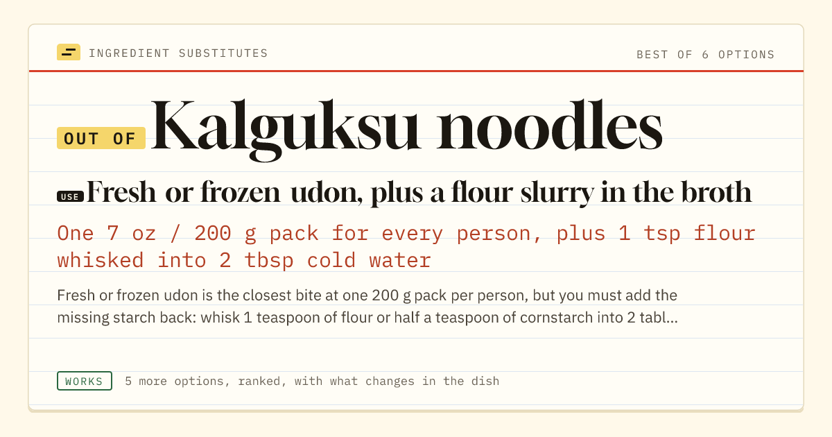 Kalguksu noodles substitute: use fresh or frozen udon, plus a flour slurry in the broth. One 7 oz / 200 g pack for every person, plus 1 tsp flour whisked into 2 tbsp cold water.