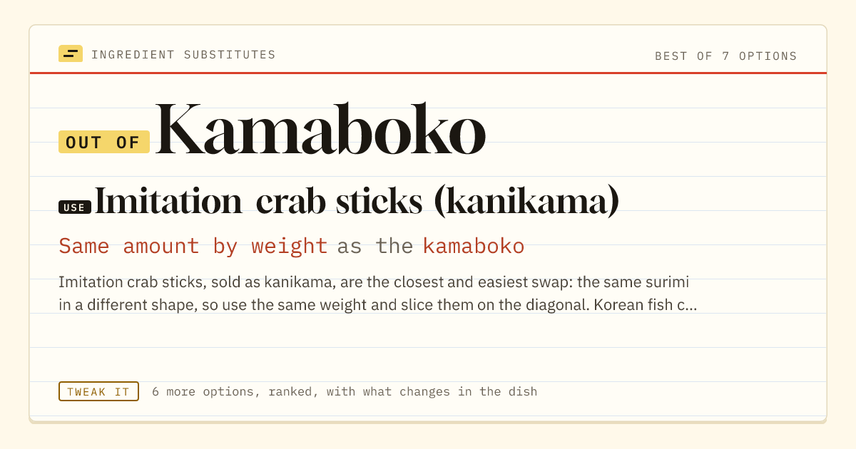 Kamaboko substitute: use imitation crab sticks (kanikama). Same amount by weight as the kamaboko.