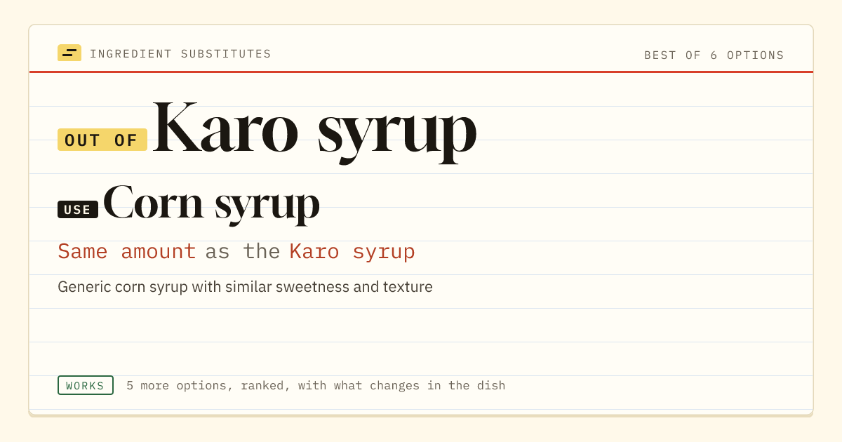 Karo syrup substitute: use corn syrup. Same amount as the Karo syrup.