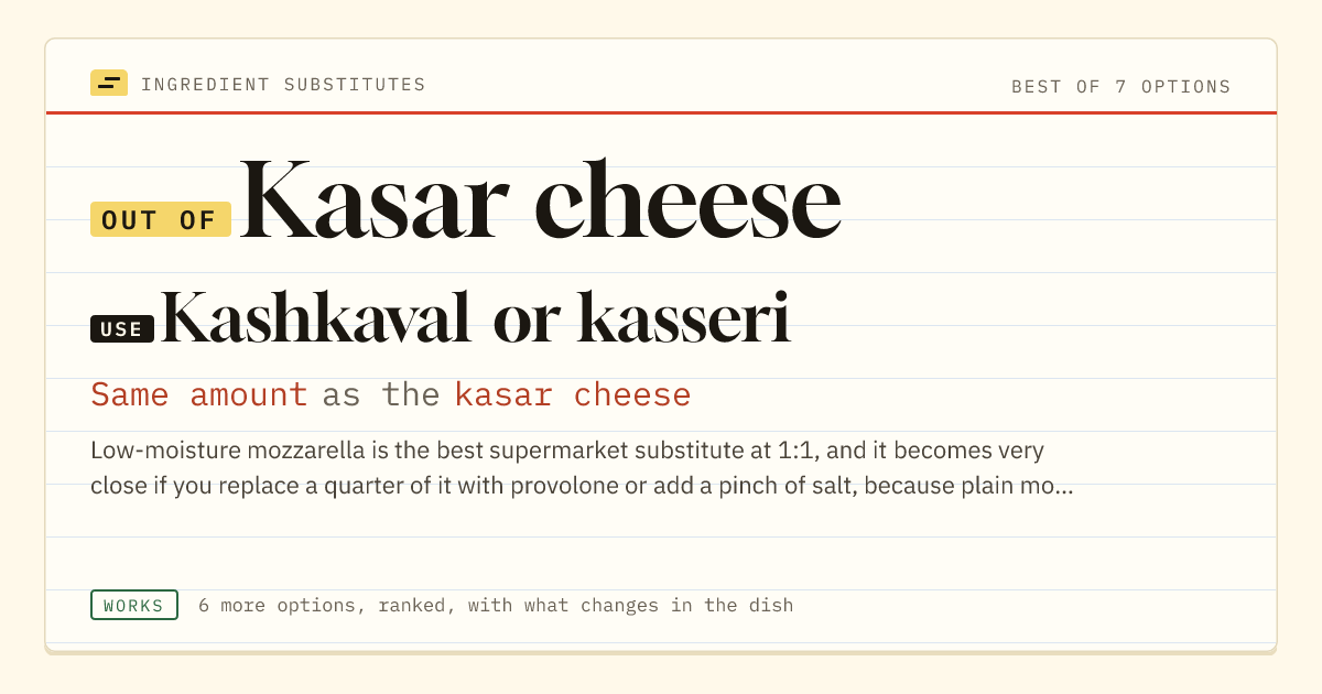 Kasar cheese substitute: use kashkaval or kasseri. Same amount as the kasar cheese.
