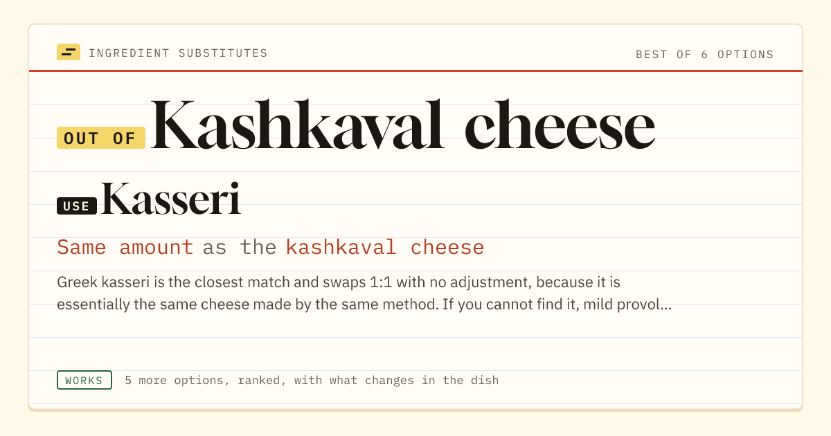 Kashkaval cheese substitute: use kasseri. Same amount as the kashkaval cheese.