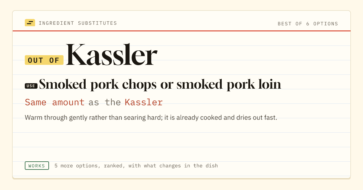 Kassler substitute: use smoked pork chops or smoked pork loin. Same amount as the Kassler.