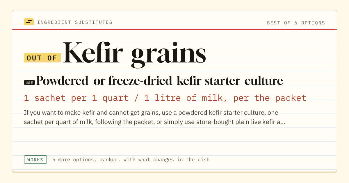 Kefir grains substitute: use powdered or freeze-dried kefir starter culture. 1 sachet per 1 quart / 1 litre of milk, per the packet.