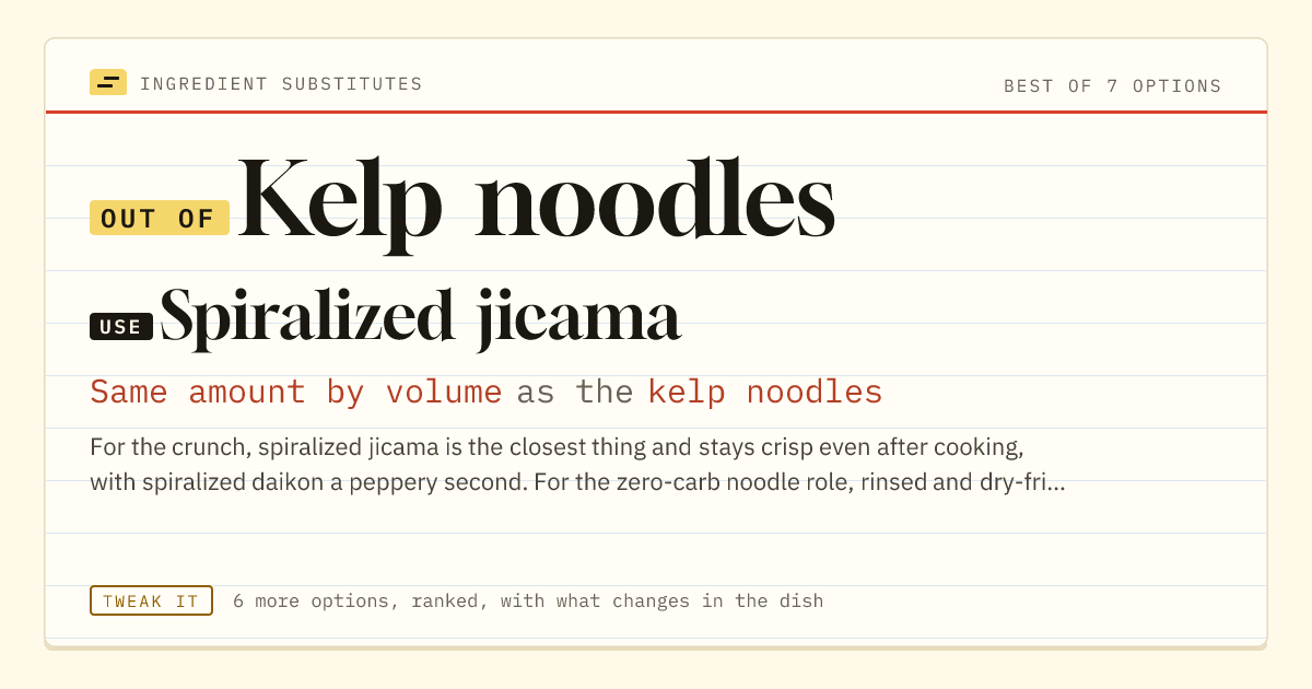 Kelp noodles substitute: use spiralized jicama. Same amount by volume as the kelp noodles.