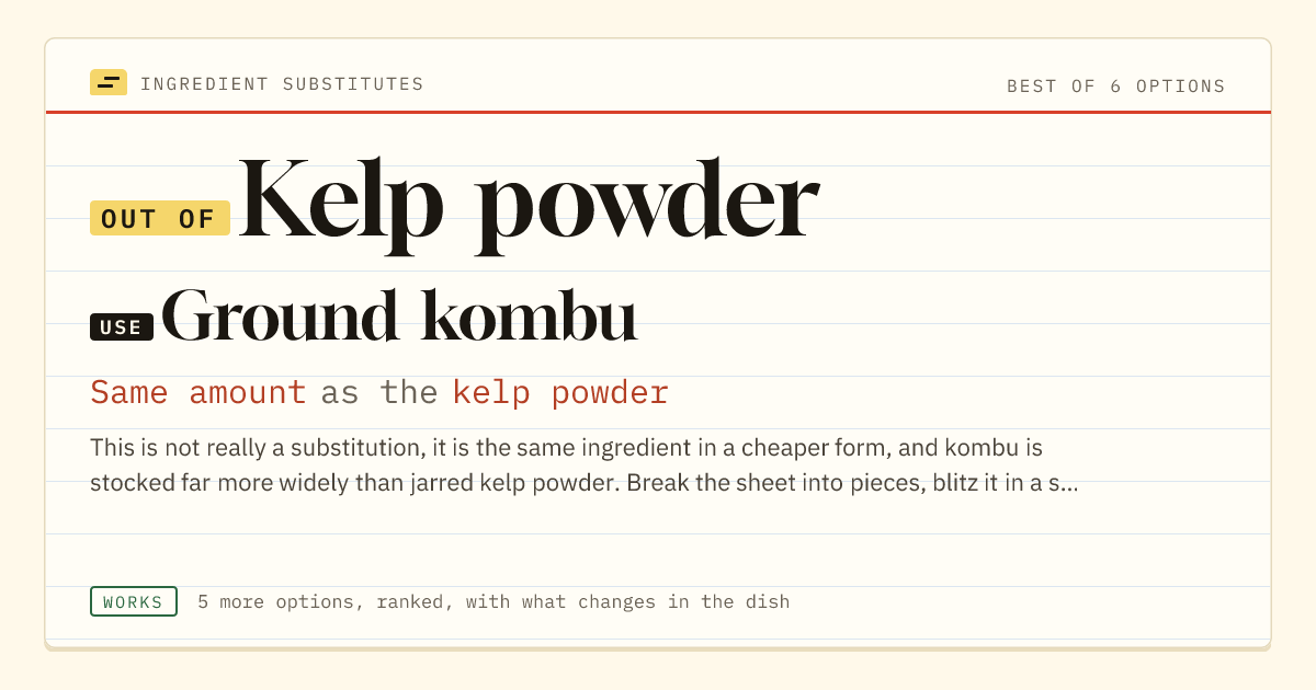 Kelp powder substitute: use ground kombu. Same amount as the kelp powder.