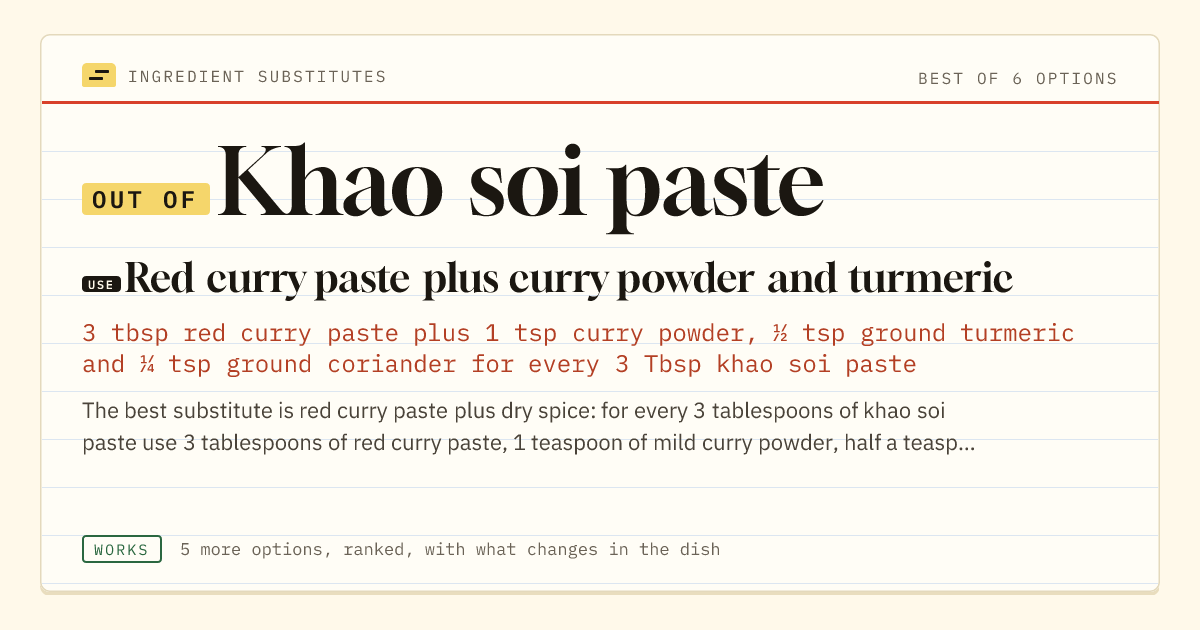 Khao soi paste substitute: use red curry paste plus curry powder and turmeric.