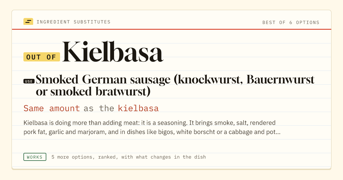 Kielbasa substitute: use smoked German sausage (knockwurst, Bauernwurst or smoked bratwurst). Same amount as the kielbasa.