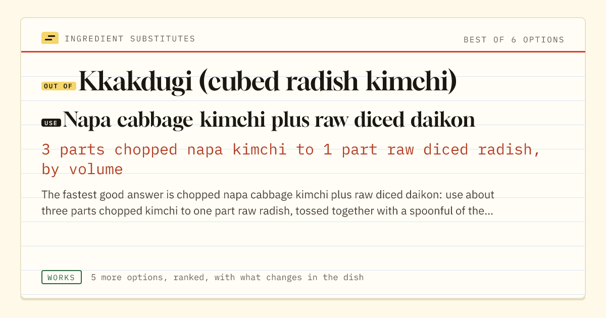 Kkakdugi (cubed radish kimchi) substitute: use napa cabbage kimchi plus raw diced daikon. 3 parts chopped napa kimchi to 1 part raw diced radish, by volume.