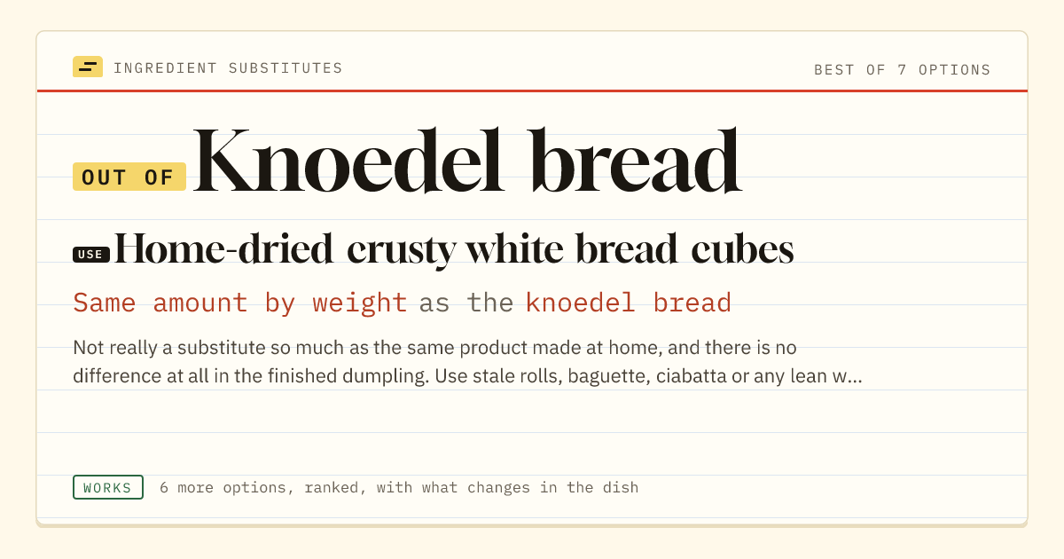 Knoedel bread substitute: use home-dried crusty white bread cubes. Same amount by weight as the knoedel bread.