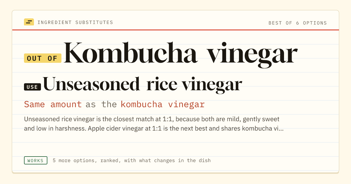 Kombucha vinegar substitute: use unseasoned rice vinegar. Same amount as the kombucha vinegar.