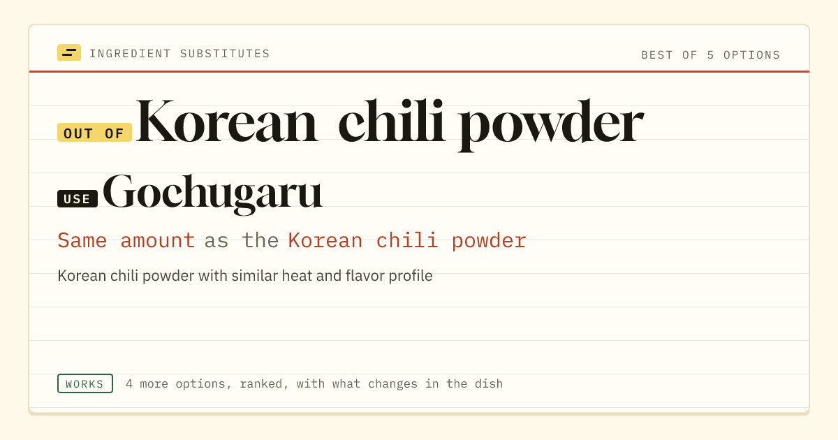 Korean chili powder substitute: use gochugaru. Same amount as the Korean chili powder.