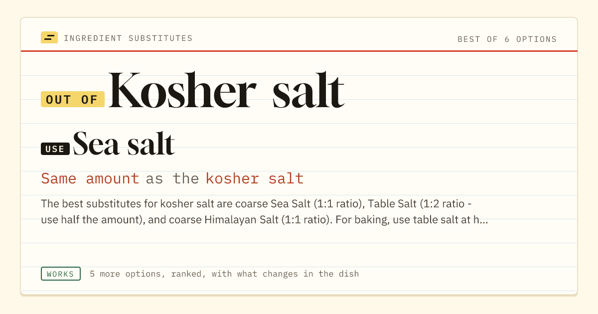 Kosher salt substitute: use sea salt. Same amount as the kosher salt.
