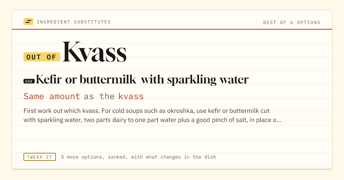 Kvass substitute: use kefir or buttermilk with sparkling water. Same amount as the kvass.