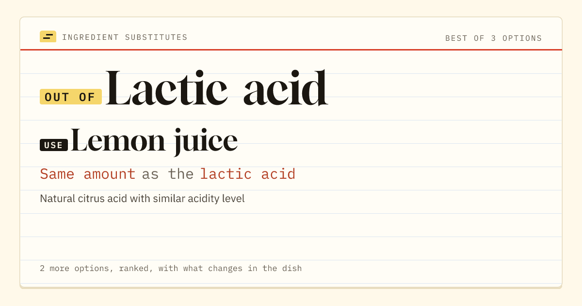 Lactic acid substitute: use lemon juice. Same amount as the lactic acid.