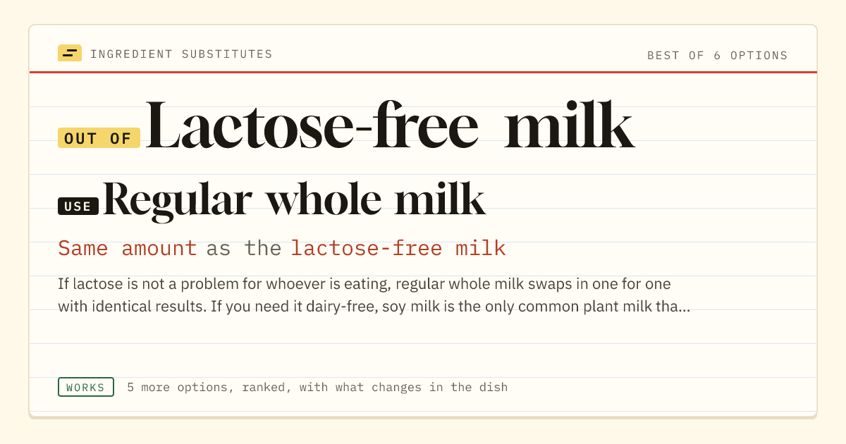 Lactose-free milk substitute: use regular whole milk. Same amount as the lactose-free milk.