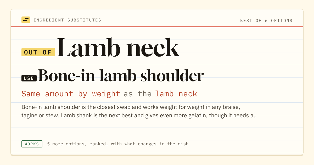 Lamb neck substitute: use bone-in lamb shoulder. Same amount by weight as the lamb neck.