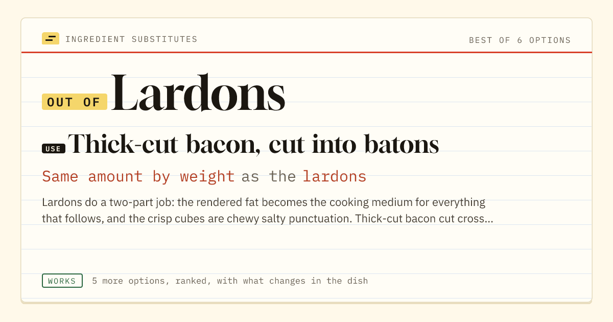 Lardons substitute: use thick-cut bacon, cut into batons. Same amount by weight as the lardons.