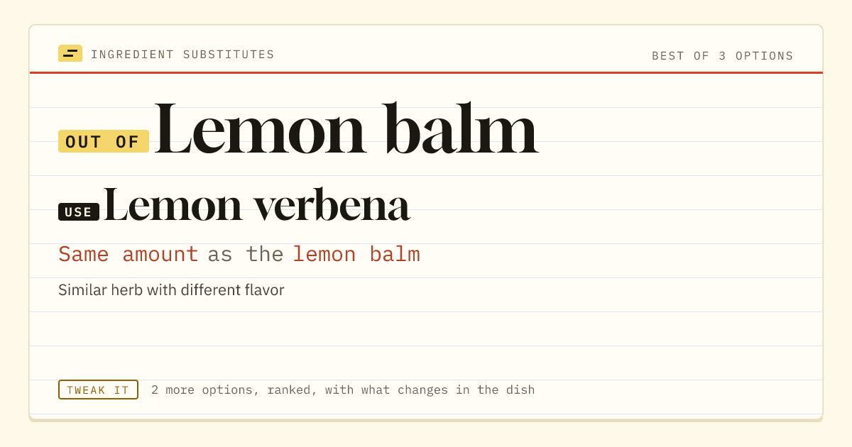 Lemon balm substitute: use lemon verbena. Same amount as the lemon balm.