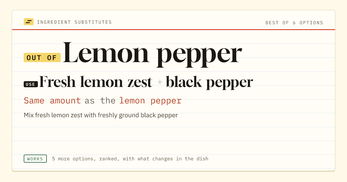 Lemon pepper substitute: use fresh lemon zest + black pepper. Same amount as the lemon pepper.