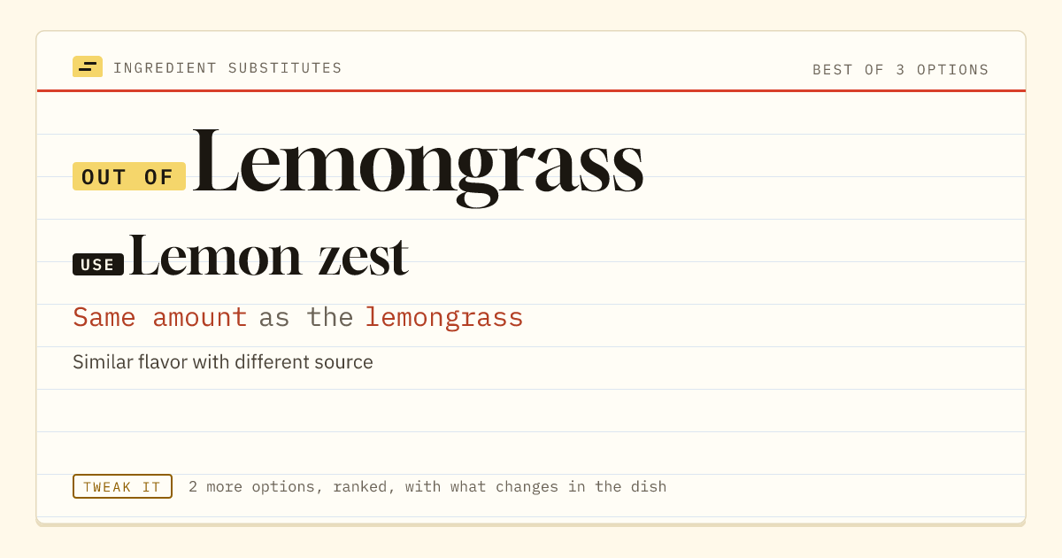 Lemongrass substitute: use lemon zest. Same amount as the lemongrass.