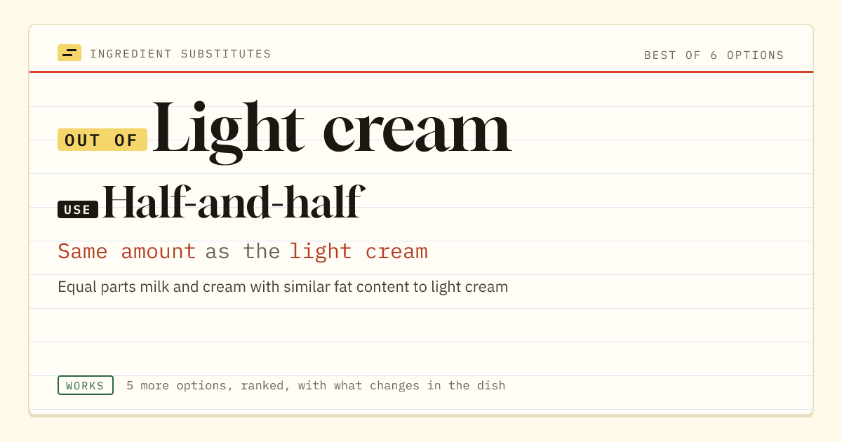 Light cream substitute: use half-and-half. Same amount as the light cream.