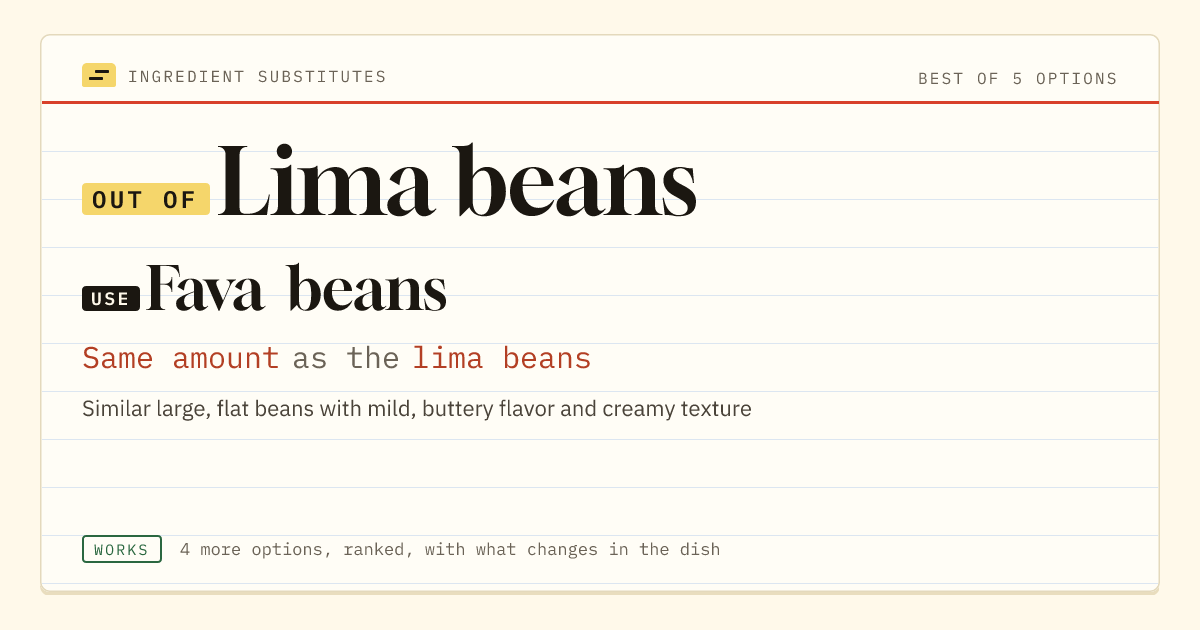 Lima beans substitute: use fava beans. Same amount as the lima beans.