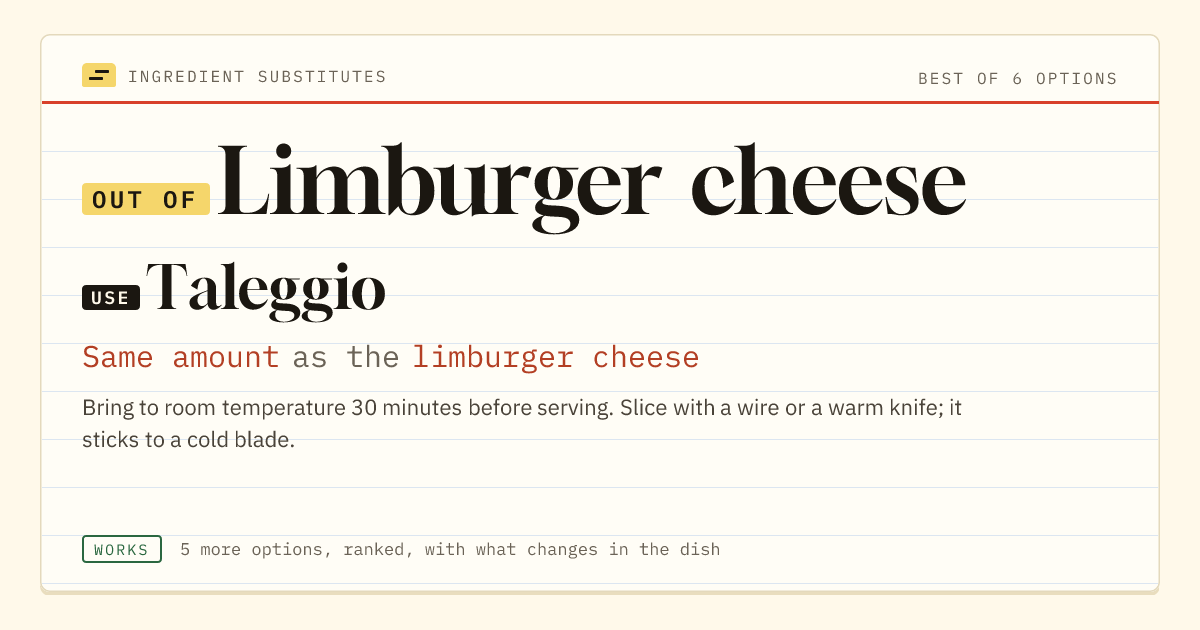 Limburger cheese substitute: use Taleggio. Same amount as the limburger cheese.