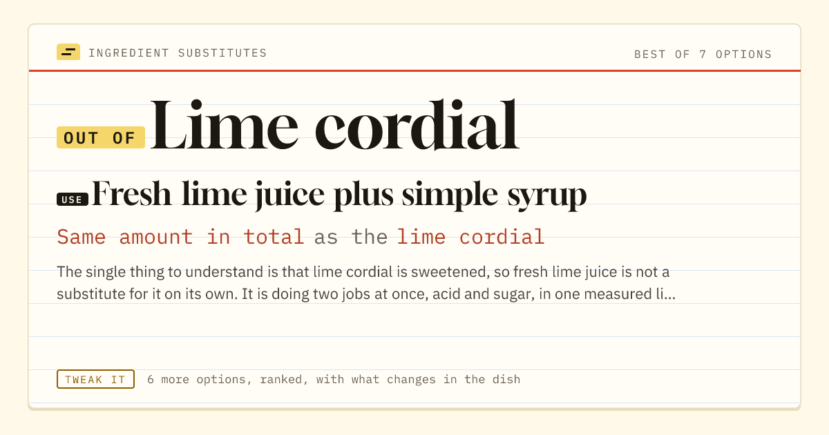 Lime cordial substitute: use fresh lime juice plus simple syrup. Same amount in total as the lime cordial.