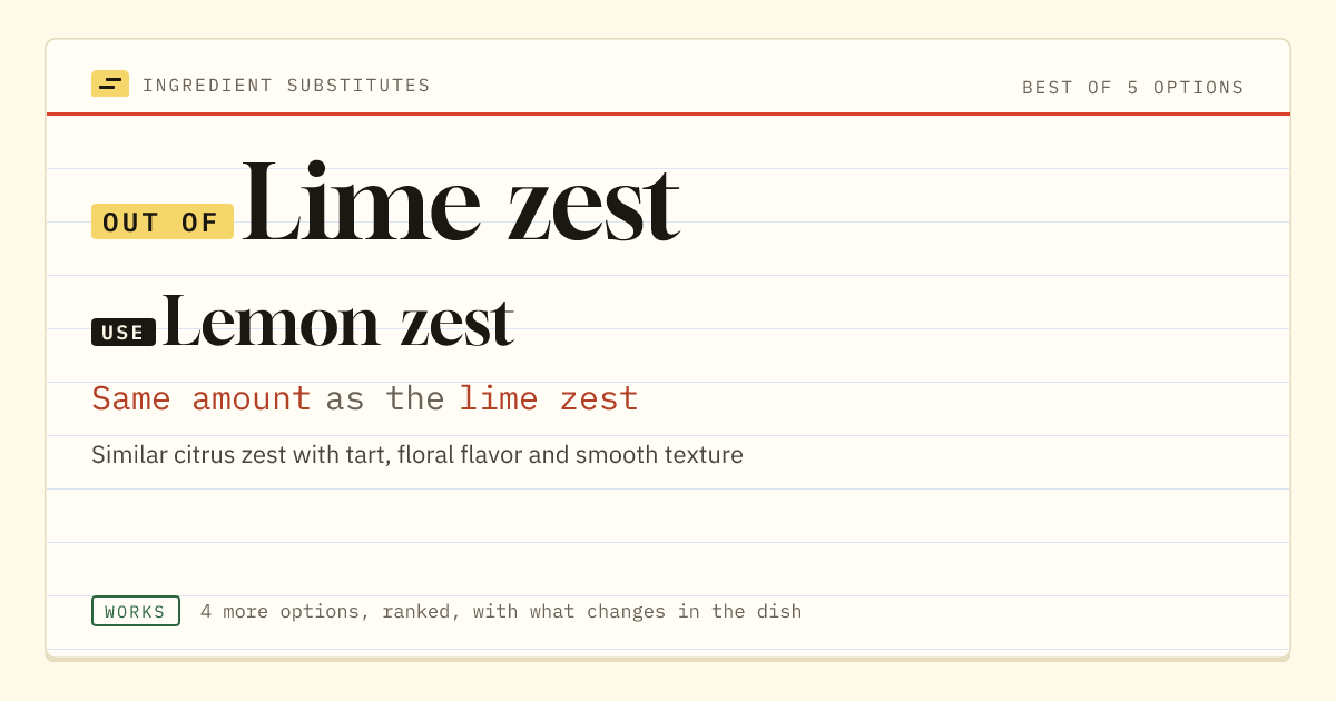 Lime zest substitute: use lemon zest. Same amount as the lime zest.
