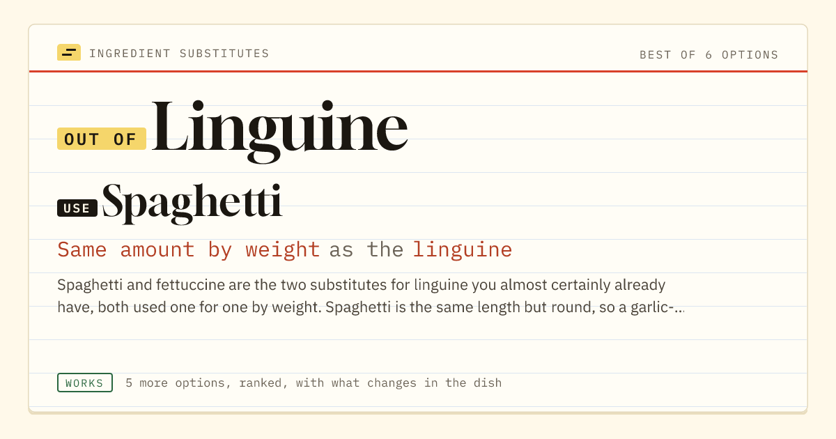 Linguine substitute: use spaghetti. Same amount by weight as the linguine.