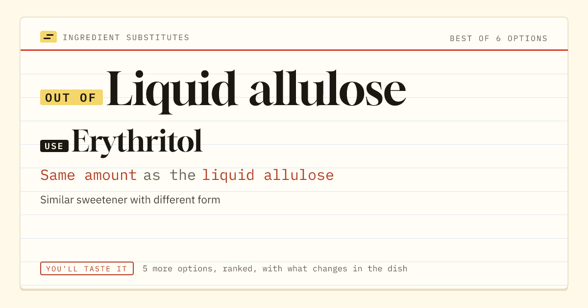 Liquid allulose substitute: use erythritol. Same amount as the liquid allulose.