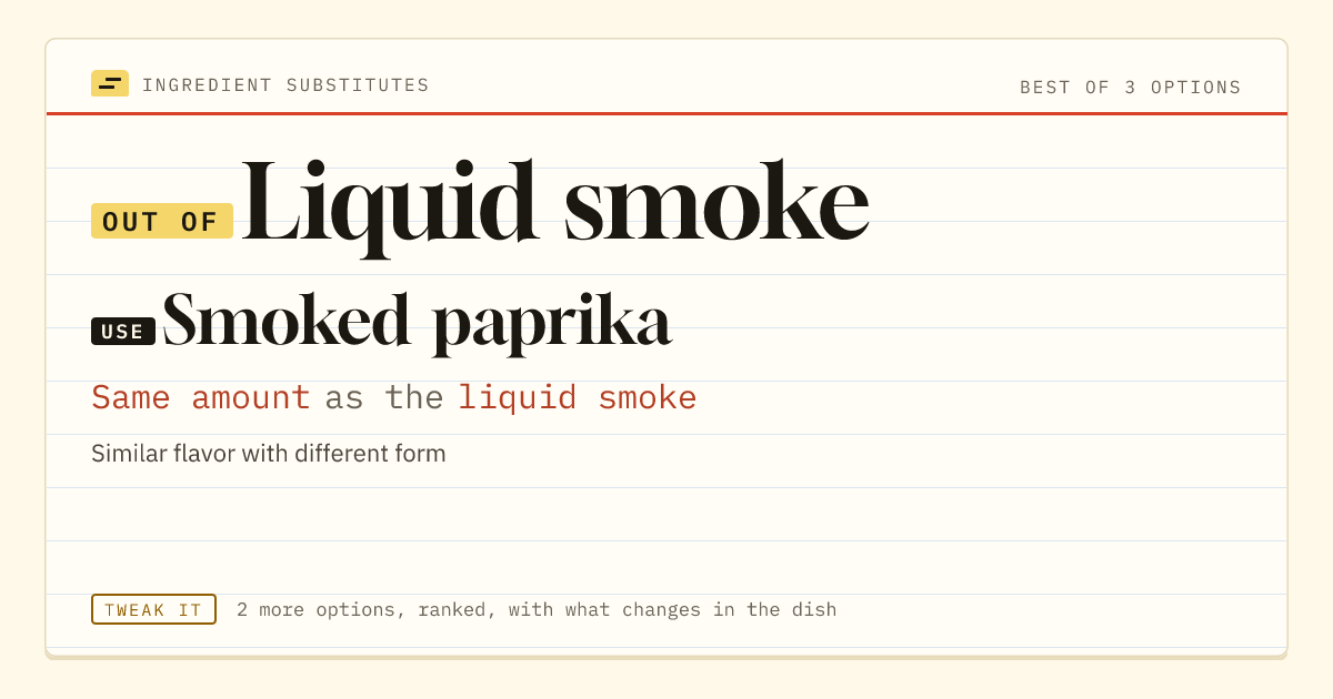 Liquid smoke substitute: use smoked paprika. Same amount as the liquid smoke.