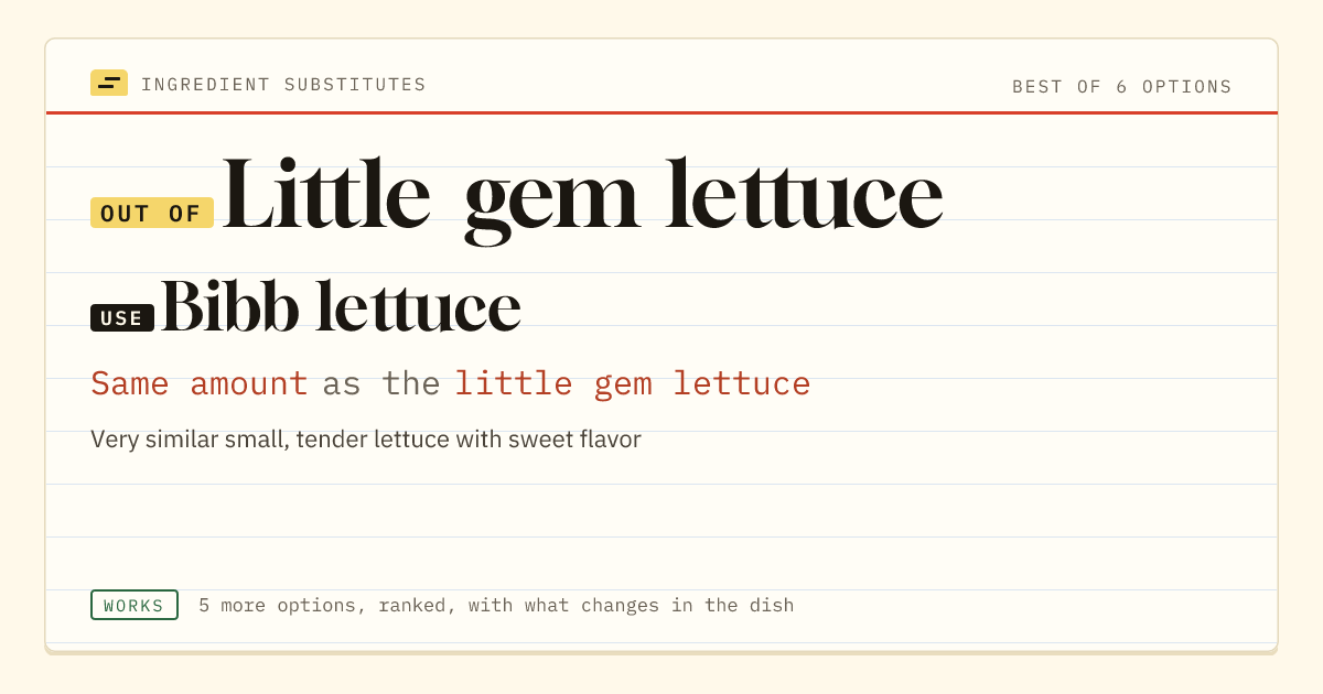 Little gem lettuce substitute: use bibb lettuce. Same amount as the little gem lettuce.